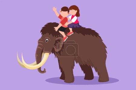 Illustration for Graphic flat design drawing brave little boy and girl caveman riding woolly mammoth together. Kids sitting on back of mammoth. Stone age children. Ancient human life. Cartoon style vector illustration - Royalty Free Image