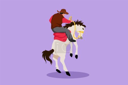 Illustration for Cartoon flat style drawing stylized cowboy taming wild horse at rodeo. Strong and brave cowboy on wild horse mustang. Rodeo cowboy riding wild horse on wooden sign. Graphic design vector illustration - Royalty Free Image