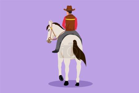 Illustration for Character flat drawing back view of cowboy riding horses in desert on wooden sign. Cute mustang and person outdoor at sunset. Stylized cowboy and horse icon or logo. Cartoon design vector illustration - Royalty Free Image