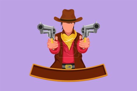 Illustration for Character flat drawing stylized wild west gunslinger holding two guns. Handsome American cowboys aiming two pistols in the desert. Vintage weapons for self defense. Cartoon design vector illustration - Royalty Free Image