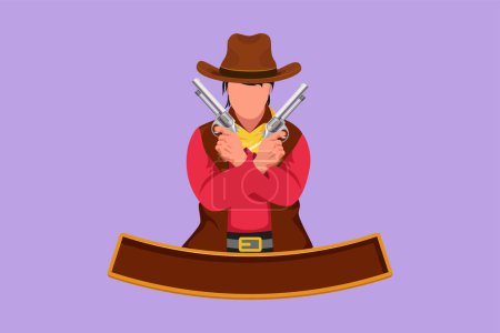 Illustration for Graphic flat design drawing of wild west gunslinger holding and crossing two guns. American cowboys holding his two weapons above his chest. Weapons for self defense. Cartoon style vector illustration - Royalty Free Image