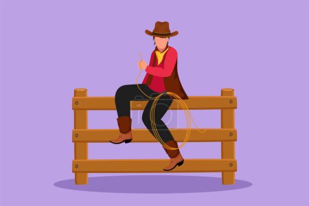 Grafik flache Zeichnung amerikanischer Cowboy mit Lasso-Seil auf einem Holzzaun sitzend mit Wild-West-Sonnenuntergangslandschaft am Abend. Cowboy-Lebensstil im Stall. Vektorillustration im Cartoon-Stil