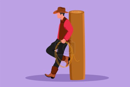 Illustration for Cartoon flat style drawing western relaxing man with cowboy hat and lasso leaning on wooden fence. Stylized American cowboy lifestyle at livestock horse in evening. Graphic design vector illustration - Royalty Free Image
