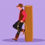 Cartoon flat style drawing western relaxing man with cowboy hat and lasso leaning on wooden fence. Stylized American cowboy lifestyle at livestock horse in evening. Graphic design vector illustration