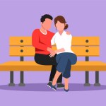 Graphic flat design drawing romantic couple dating at park. Cute man and woman sitting on bench in city park. Happy family. Intimacy celebrates wedding anniversary. Cartoon style vector illustration