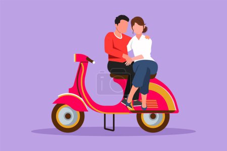 Cartoon flat style drawing riders couple trip travel relax. Romantic couple honeymoon moments sitting and talking on motorcycle. Man with cute woman riding scooter. Graphic design vector illustration