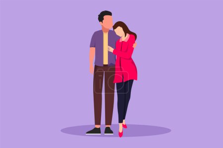 Cartoon flat style drawing young couple man and woman in love by hugging each other. Romantic couple in love spending time together outdoors. Happy family concept. Graphic design vector illustration