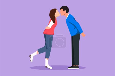 Character flat drawing young boy and pretty girl in love and kissing. Romantic couple lovers kissing each other. Happy man and woman celebrating wedding anniversary. Cartoon design vector illustration