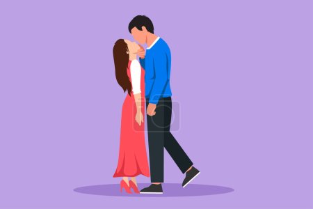Cartoon flat style drawing dominant relationship. Romantic couple in love kissing and hugging. Happy handsome man and pretty woman celebrating wedding anniversary. Graphic design vector illustration