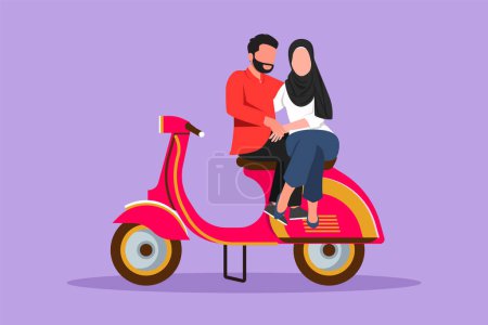 Illustration for Graphic flat design drawing riders couple trip travel relax. Romantic Arab couple honeymoon moments sitting and talking on motorcycle. Man and woman riding scooter. Cartoon style vector illustration - Royalty Free Image