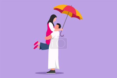 Téléchargez les illustrations : Dessin animé de style plat du couple arabe amoureux sous la pluie avec parapluie. Heureux homme et femme marchant au parc et sautant. Marié couple romantique relation. Illustration vectorielle de conception graphique - en licence libre de droit