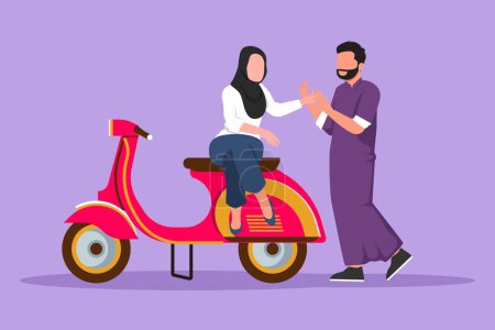 Illustration for Graphic flat design drawing riders couple trip travel. Romantic honeymoon moments sitting and talking on motorcycle. Arabian man with beautiful woman riding scooter. Cartoon style vector illustration - Royalty Free Image