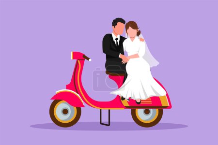 Illustration for Character flat drawing married riders couple trip travel relax. Romantic couple in honeymoon moment sitting and talking on motorcycle. Man with woman riding scooter. Cartoon design vector illustration - Royalty Free Image
