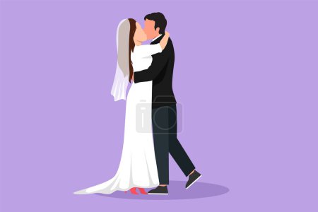 Ilustración de Diseño plano gráfico dibujo amante pareja casada besar, abrazar y tomarse de la mano. Hombre feliz vistiendo traje y mujer bonita con vestido en fiesta de celebración de la boda. Dibujos animados estilo vector ilustración - Imagen libre de derechos