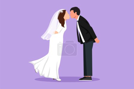 Graphic flat design drawing romantic married couple in love and kissing. Happy man wearing suit and pretty woman with wedding dress celebrating wedding anniversary. Cartoon style vector illustration