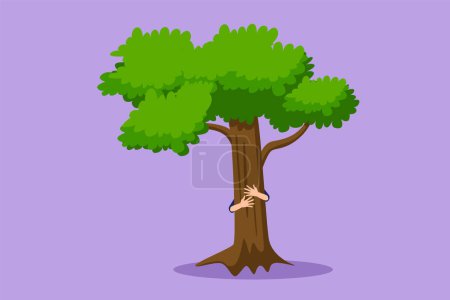Illustration for Cartoon flat style drawing man hugging tree in park logo, icon, label. Symbol of loving plants and the environment. Agriculture, nature. Earth day, ecology concept. Graphic design vector illustration - Royalty Free Image