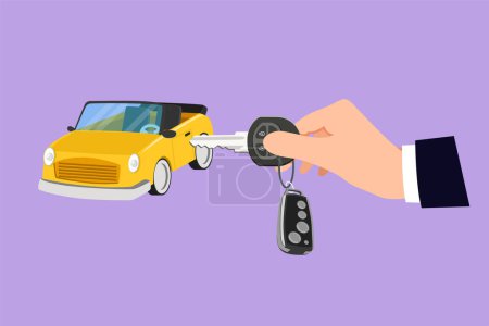 Illustration for Graphic flat design drawing of hand turning the key in the hole on car door. Young businessman uses key to open the new vehicle. Automobile rental logo, icon, symbol. Cartoon style vector illustration - Royalty Free Image