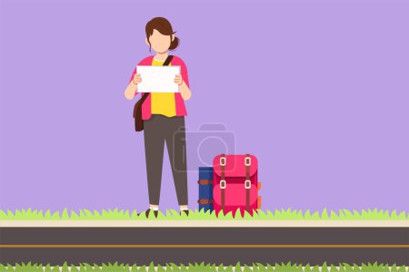 Illustration for Graphic flat design drawing happy woman traveler hitchhiking logo, icon. Young tourists with backpacks trying catch car on road. Vacation, holiday, and trip concept. Cartoon style vector illustration - Royalty Free Image