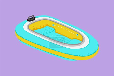 Grafische flache Zeichnung eines Schlauchbootes. Schlauchboot, das durch die Luft weht. Genießen Sie die Ausrüstung für erholsame, sommerliche Freizeit. Wassersport-Set. Rettungsschwimmer. Vektorillustration im Cartoon-Stil
