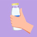 Cartoon flat style drawing glass bottle packaging of milk in man hand. Fresh milk, healthy food, for kids health food nutrition. Happy Day of milk logo, icon symbol. Graphic design vector illustration