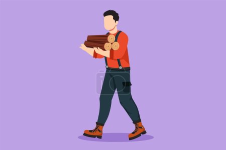 Illustration for Character flat drawing strong lumberjack with beard in plaid shirt, jeans and boots, holding stack of firewood in hands. Woodcutter, forest worker walking at forest. Cartoon design vector illustration - Royalty Free Image