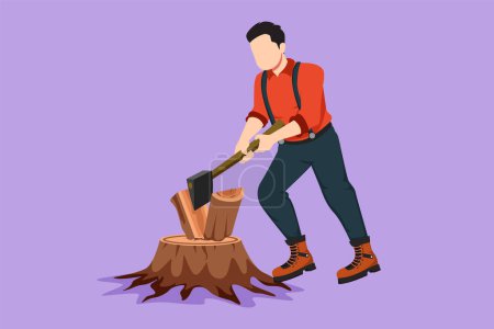Illustration for Graphic flat design drawing of strong woodman or lumberman in checkered shirt and sling pants chopping wood with ax on tree stump. Man with ax in his hands cuts tree. Cartoon style vector illustration - Royalty Free Image