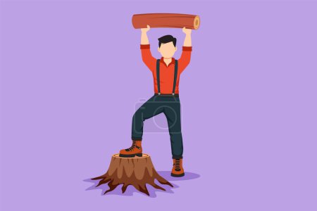 Illustration for Graphic flat design drawing smiling lumberjack man holding downed log. Wearing suspender shirt, jeans and boots, posing with one foot on tree stump. Male lifting log. Cartoon style vector illustration - Royalty Free Image