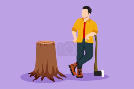 Illustration for Character flat drawing smiling lumberjack wearing workwear, standing with axe and posing with one foot on a tree stump. Active and strong man lean with ax at forest. Cartoon design vector illustration - Royalty Free Image