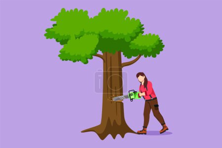 Graphic flat design drawing woman logger sawing log, tree in forest. Wood industry worker with saw in hands. Female lumberjack cut timber wood, woodcutter occupation. Cartoon style vector illustration