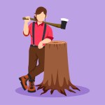Cartoon flat style drawing woman lumberjack lean on wood log. Wearing shirt, jeans and boots. Holding on her shoulder a ax. Female lumberjack pose on logging forest. Graphic design vector illustration