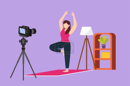 Illustration for Character flat drawing beautiful woman blogger in sportswear shoots video on camera doing exercises at home. Fitness vlogger live broadcast of training session logo. Cartoon design vector illustration - Royalty Free Image