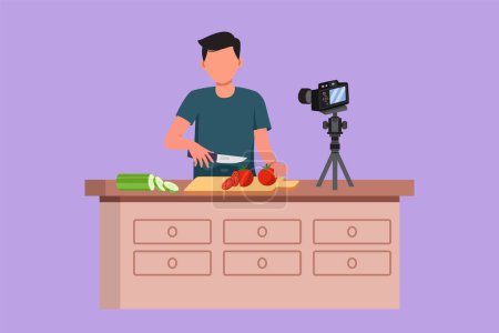 Illustration for Character flat drawing of young man chef in uniform standing in kitchen and cutting onion while filming himself for blog. On kitchen counter are vegetables, spices. Cartoon design vector illustration - Royalty Free Image
