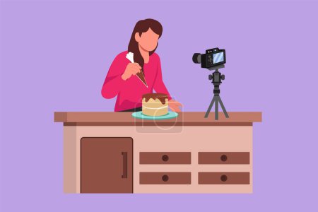 Illustration for Graphic flat design drawing pretty girl baking and decorating cake at kitchen logo. Woman blogger recording video on camera, using tripod, posting it on social media. Cartoon style vector illustration - Royalty Free Image