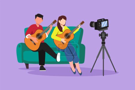 Illustration for Cartoon flat style drawing couple vlog influencer performing music show to streaming internet online audience listening at home. Man woman playing guitar, sing song. Graphic design vector illustration - Royalty Free Image