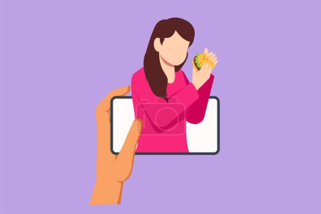 Illustration for Cartoon flat style drawing beautiful woman food blogger eating burger while creating new content video for her channel by using smartphone. Food review blogger logo. Graphic design vector illustration - Royalty Free Image