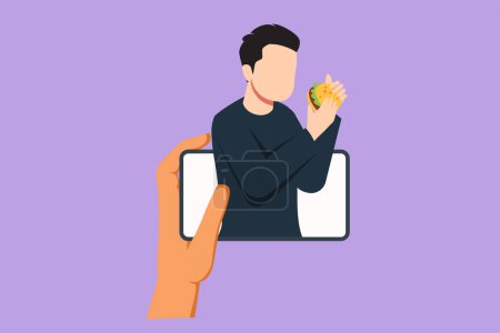 Illustration for Cartoon flat style drawing young male food blogger eating burger while creating new video for his live stream channel with smartphone. Food concept logo. Gastronomy. Graphic design vector illustration - Royalty Free Image