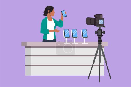 Illustration for Character flat drawing beautiful female influencer filming video review smartphone on dslr camera on table at home. Blogger advertising tech product, streaming live. Cartoon design vector illustration - Royalty Free Image