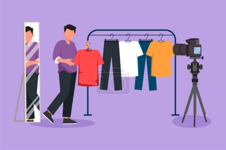 Illustration for Character flat drawing of man blogger records video tips for choosing clothes, shows trending clothing models to his subscribers. Marketing campaign in social media. Cartoon design vector illustration - Royalty Free Image