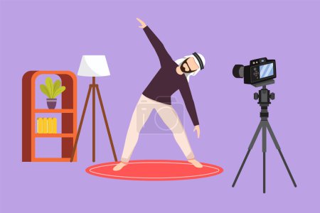 Illustration for Character flat drawing happy young Arabian man doing exercise on mat with camera. Shooting video for blog on video camera. Online training logo, icon. Sport at home. Cartoon design vector illustration - Royalty Free Image