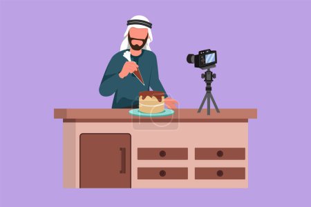 Illustration for Graphic flat design drawing young male food blogger creating content. Arab man shooting cooking video using camera on tripod. Chef baking, decorating cake at kitchen. Cartoon style vector illustration - Royalty Free Image