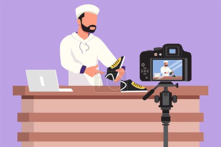 Illustration for Graphic flat design drawing Arabian male blogger makes video review on camera on topic of sneakers. Online shopping, social media and influencer concept, logo, icon. Cartoon style vector illustration - Royalty Free Image