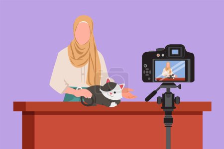 Illustration for Graphic flat design drawing Arab vet blogger sitting in front of camera with cats and recording video blog about animals. Zoo psychologist creating content for vlog. Cartoon style vector illustration - Royalty Free Image