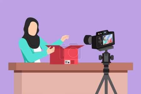 Illustration for Cartoon flat style drawing beauty Arabic female show unboxing received package in live at home. Beautiful woman vlogger unboxing product, recording review on camera. Graphic design vector illustration - Royalty Free Image