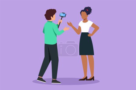 Illustration for Graphic flat design drawing active pretty girl makes video blog with cameraman on the street. Young woman blogger, journalist filming with smartphone, videographer. Cartoon style vector illustration - Royalty Free Image