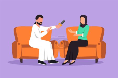 Illustration for Character flat drawing journalistic interview at TV studio. Coworker, colleagues talk, conversation. Journalist, interview with Arabian businesswoman communicating. Cartoon design vector illustration - Royalty Free Image
