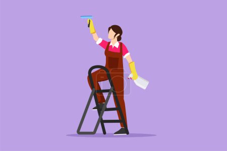 Cartoon flat style drawing pretty woman cleaner standing on ladder, washing with wiper. Cleaning service, cleaning tools, washing sponge, house cleaning, housework. Graphic design vector illustration