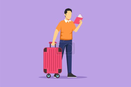 Illustration for Cartoon flat style drawing of man reading textbook. Smart male student standing with open book in hands and suitcase. Enthusiastic reader for educational and hobby. Graphic design vector illustration - Royalty Free Image