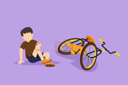 Illustration for Cartoon flat style drawing of unhappy little boy fallen off bicycle. Bike accident. Kids fallen damaged bicycle broken transport children accidents helping person. Graphic design vector illustration - Royalty Free Image