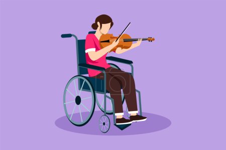Illustration for Character flat drawing of disability and music. Woman in wheelchair plays violin. Physically disabled, broken leg. Person in hospital. Rehabilitation center patient. Cartoon design vector illustration - Royalty Free Image