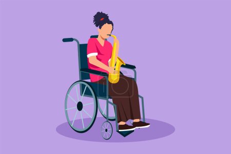 Illustration for Character flat drawing woman sitting in wheelchair plays saxophone. Disability and classical music. Fracture in her leg. Person in hospital. Rehabilitation center. Cartoon design vector illustration - Royalty Free Image